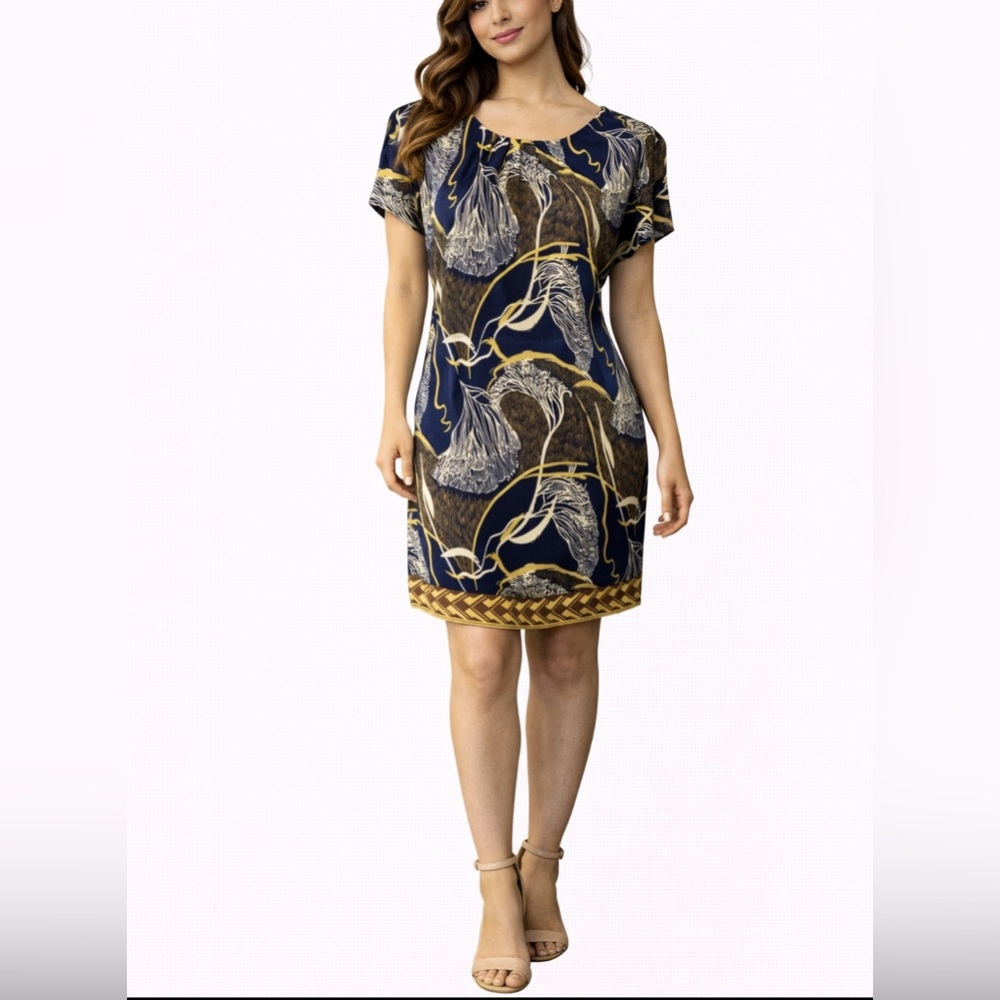 HaLe Bob Dress Medium M 6 8 10 Safari Silk Shift Yellow Blue Brown White